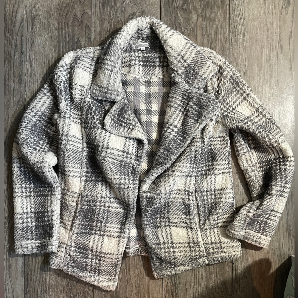SPRING CLEAN-Grey and white plaid teddy jacket